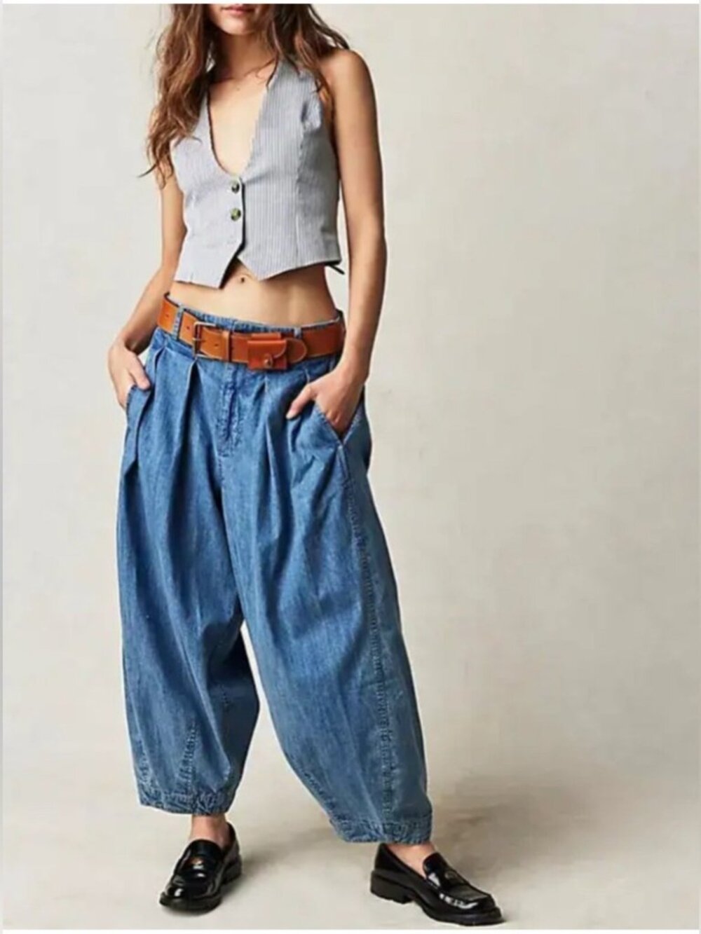 Free People Ridley Pleated Barrel Leg Slouchy Baggy Pull On Jeans Size Small